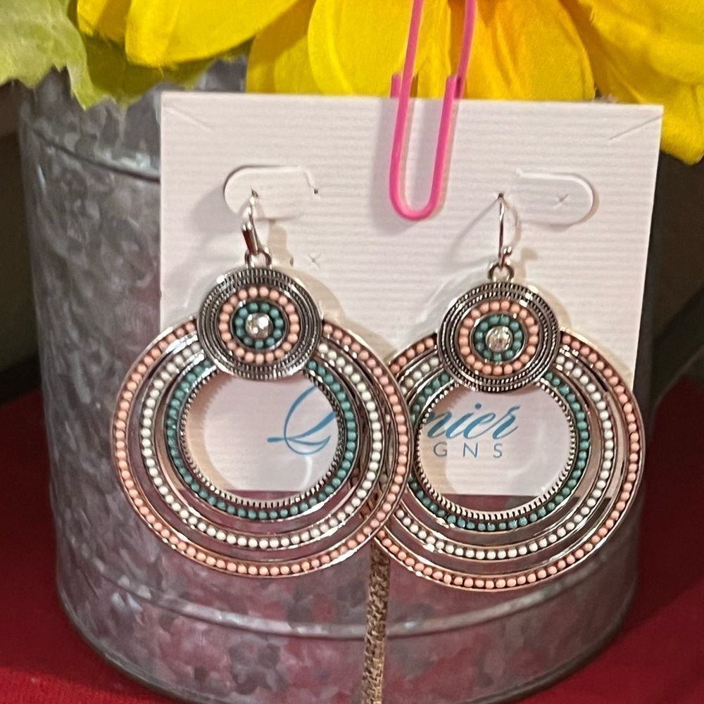 NWT Premier Designs Silver, Pink, Turquoise Hoop Earrings #PNER1